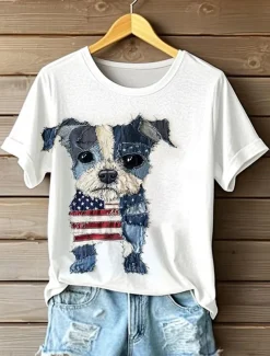 Women's Patriotic T Shirt Graphic Animal Flag Vintage Stylish Casual Short Sleeve Crew Neck Round Neck Regular Tops Daily Print Maroon Red Blue Summer Spring