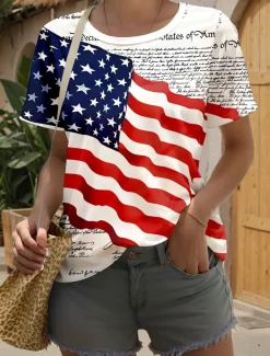 Women's Patriotic T Shirt Flag American Flag National Flag Stylish Casual Short Sleeve Crew Neck Regular Tops Daily Weekend Print Red / Blue Summer Spring