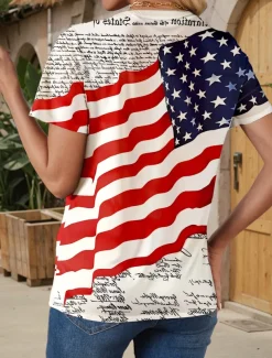 Women's Patriotic T Shirt Flag American Flag National Flag Stylish Casual Short Sleeve Crew Neck Regular Tops Daily Weekend Print Red / Blue Summer Spring