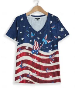 Women's Patriotic T Shirt American Flag Stylish Casual Red White And Blue Red White And Blue Short Sleeve V Neck Regular Tops Print Blue Summer