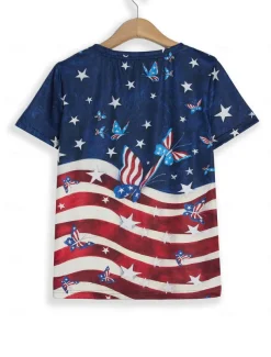 Women's Patriotic T Shirt American Flag Stylish Casual Red White And Blue Red White And Blue Short Sleeve V Neck Regular Tops Print Blue Summer