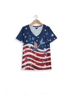Women's Patriotic T Shirt American Flag Stylish Casual Red White And Blue Red White And Blue Short Sleeve V Neck Regular Tops Print Blue Summer
