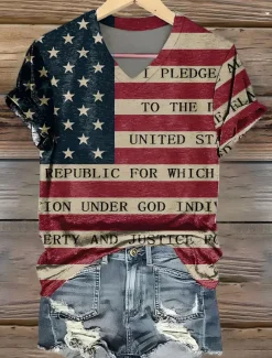 Women's Patriotic T Shirt Graphic American Flag Vintage Stylish Classic Short Sleeve V Neck Regular Tops Daily Print White Summer Spring