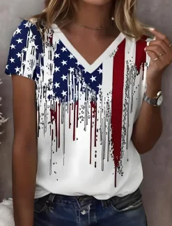 Women's Patriotic T Shirt Graphic American Flag Vintage Stylish Classic Short Sleeve V Neck Regular Tops Daily Print White Summer Spring