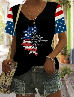 Women's Patriotic T Shirt Graphic Flag Stylish Casual Short Sleeve V Neck Regular Tops Daily Print Black Red Blue Summer