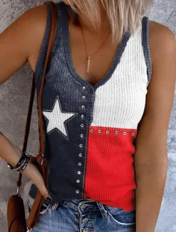 Women's Patriotic Tank Top Flag Rock Beach Sleeveless Sleeveless V Neck Regular Tops Daily Club Uniforms Going out Wine Blue Dusty Blue Summer Spring