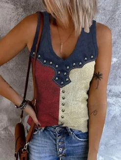 Women's Patriotic Tank Top Flag Rock Beach Sleeveless Sleeveless V Neck Regular Tops Daily Club Uniforms Going out Wine Blue Dusty Blue Summer Spring