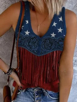 Women's Patriotic Tank Top Flag Rock Beach Sleeveless Sleeveless V Neck Regular Tops Daily Club Uniforms Going out Wine Blue Dusty Blue Summer Spring