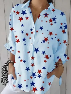 Women's Patriotic Shirt Graphic Flag Star Vintage Tropical Daily Regular Tops Work Daily s Print White Pink Blue Spring