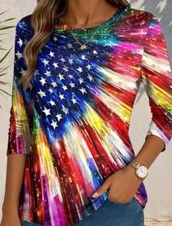 Women's Patriotic T Shirt Graphic Flag Abstract Vintage Stylish Classic Round Neck Regular Tops Daily Print Blue Purple Green Fall