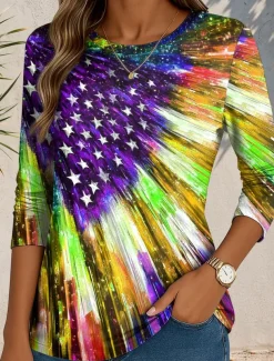 Women's Patriotic T Shirt Graphic Flag Abstract Vintage Stylish Classic Round Neck Regular Tops Daily Print Blue Purple Green Fall