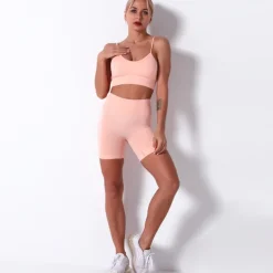 Women's 2pcs Workout Sets Solid Color Shorts Bra Top Clothing Suit Light Green Cream Spandex Yoga Fitness Gym Workout Tummy Control Butt Lift Breathable Sleeveless Sport Activewear Stretchy Slim