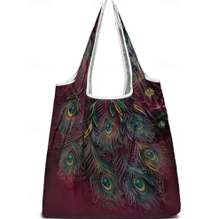 Women's Peacock Print Folding Tote Bag - Large Capacity Reusable Shopping Bag with Elegant Watercolor Design, Lightweight and Stylish, Great for Daily Use, Travel and Eco-friendly Shopping