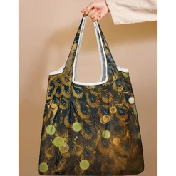 Women's Peacock Print Folding Tote Bag - Large Capacity Reusable Shopping Bag with Elegant Watercolor Design, Lightweight and Stylish, Great for Daily Use, Travel and Eco-friendly Shopping
