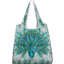Women's Peacock Print Folding Tote Bag - Large Capacity Reusable Shopping Bag with Elegant Watercolor Design, Lightweight and Stylish, Great for Daily Use, Travel and Eco-friendly Shopping