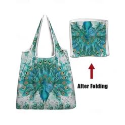 Women's Peacock Print Folding Tote Bag - Large Capacity Reusable Shopping Bag with Elegant Watercolor Design, Lightweight and Stylish, Great for Daily Use, Travel and Eco-friendly Shopping