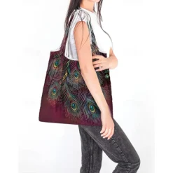 Women's Peacock Print Folding Tote Bag - Large Capacity Reusable Shopping Bag with Elegant Watercolor Design, Lightweight and Stylish, Great for Daily Use, Travel and Eco-friendly Shopping