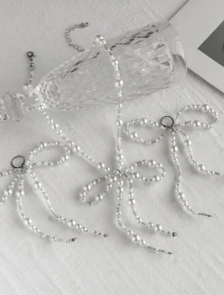 Women's Pearl Bow Necklace and Drop Earrings Set - Elegant Statement Jewelry for Fashion Parties and Cocktail Events