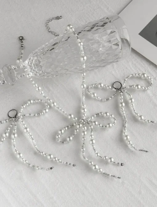 Women's Pearl Bow Necklace and Drop Earrings Set - Elegant Statement Jewelry for Fashion Parties and Cocktail Events