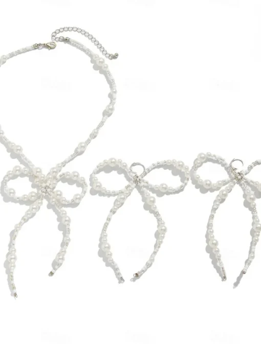 Women's Pearl Bow Necklace and Drop Earrings Set - Elegant Statement Jewelry for Fashion Parties and Cocktail Events