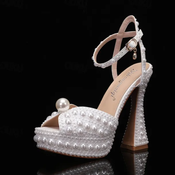 Women's Pearl-Embellished Platform High Heels - Luxury Wedding Shoes with Ankle Strap and Chunky Heel Design