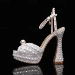 Women's Pearl-Embellished Platform High Heels - Luxury Wedding Shoes with Ankle Strap and Chunky Heel Design
