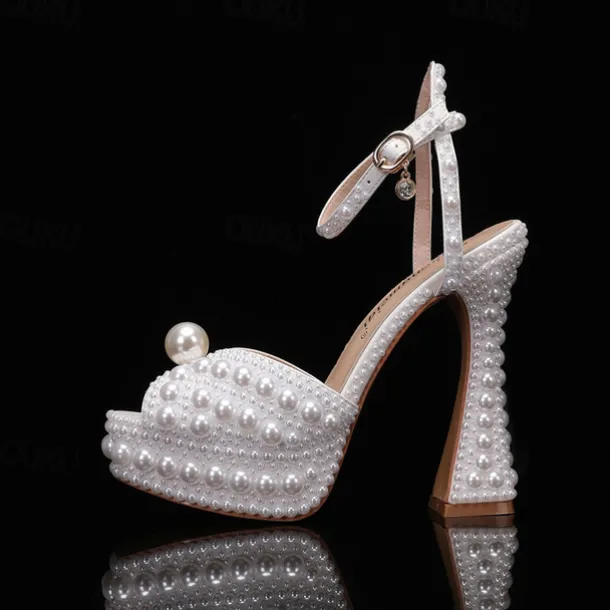 Women's Pearl-Embellished Platform High Heels - Luxury Wedding Shoes with Ankle Strap and Chunky Heel Design