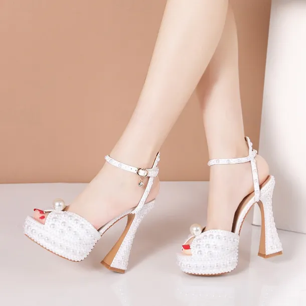 Women's Pearl-Embellished Platform High Heels - Luxury Wedding Shoes with Ankle Strap and Chunky Heel Design
