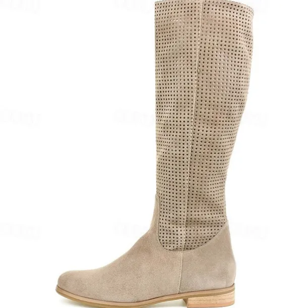 Women's Perforated Suede Knee-High Boots with Zipper - Stylish and Breathable Footwear for Casual Outings and Spring Fashion