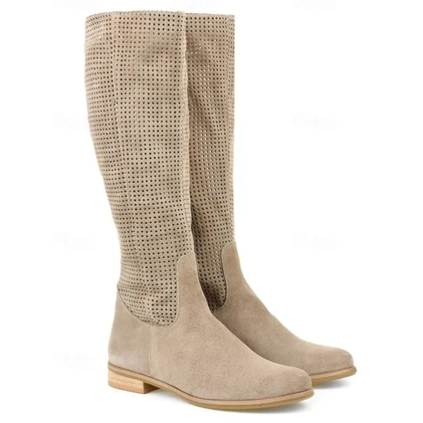 Women's Perforated Suede Knee-High Boots with Zipper - Stylish and Breathable Footwear for Casual Outings and Spring Fashion