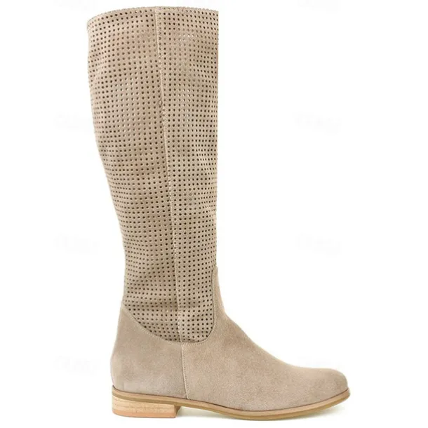 Women's Perforated Suede Knee-High Boots with Zipper - Stylish and Breathable Footwear for Casual Outings and Spring Fashion