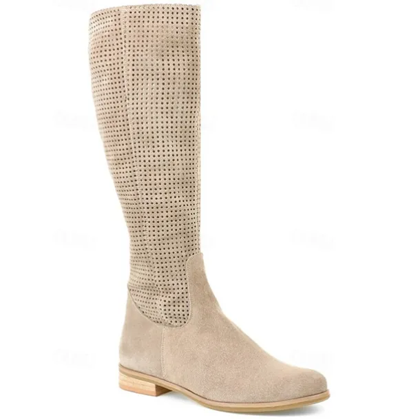 Women's Perforated Suede Knee-High Boots with Zipper - Stylish and Breathable Footwear for Casual Outings and Spring Fashion