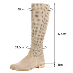 Women's Perforated Suede Knee-High Boots with Zipper - Stylish and Breathable Footwear for Casual Outings and Spring Fashion