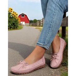 Women's Pink Bow Moccasin Flats – Lightweight Casual Driving Loafers for Daily Errands, Garden Walks and Cottagecore Outfits
