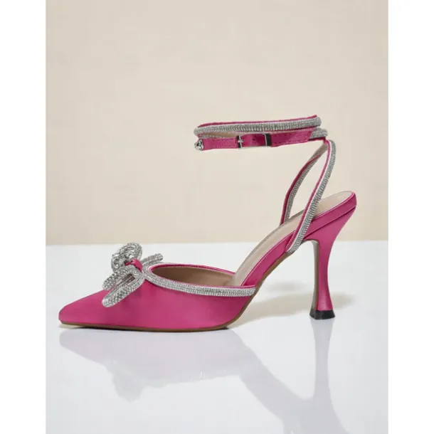 Women's Pink Glitter Ankle Strap Heels with Rhinestone Bows - Pointed Toe Dress Shoes for Cocktail Party and Evening Events