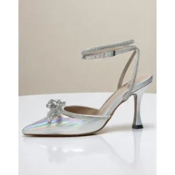 Women's Pink Glitter Ankle Strap Heels with Rhinestone Bows - Pointed Toe Dress Shoes for Cocktail Party and Evening Events