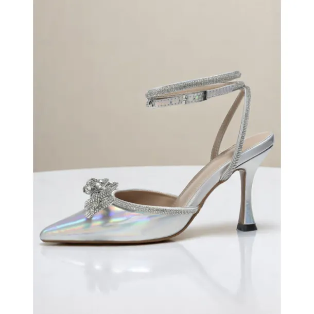 Women's Pink Glitter Ankle Strap Heels with Rhinestone Bows - Pointed Toe Dress Shoes for Cocktail Party and Evening Events