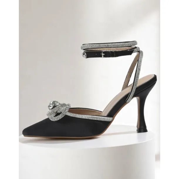 Women's Pink Glitter Ankle Strap Heels with Rhinestone Bows - Pointed Toe Dress Shoes for Cocktail Party and Evening Events