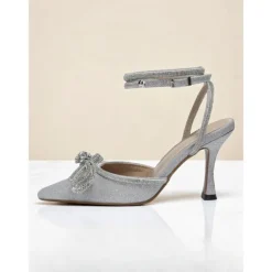 Women's Pink Glitter Ankle Strap Heels with Rhinestone Bows - Pointed Toe Dress Shoes for Cocktail Party and Evening Events