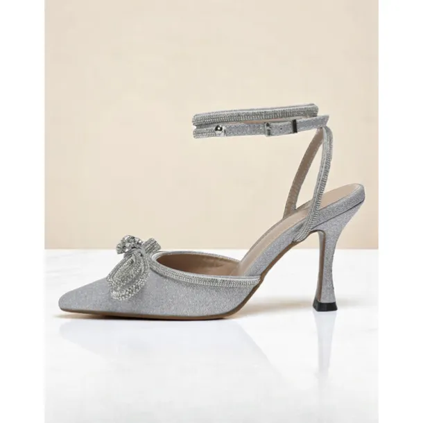 Women's Pink Glitter Ankle Strap Heels with Rhinestone Bows - Pointed Toe Dress Shoes for Cocktail Party and Evening Events