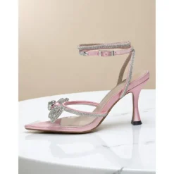 Women's Pink Glitter Ankle Strap Heels with Rhinestone Bows - Pointed Toe Dress Shoes for Cocktail Party and Evening Events