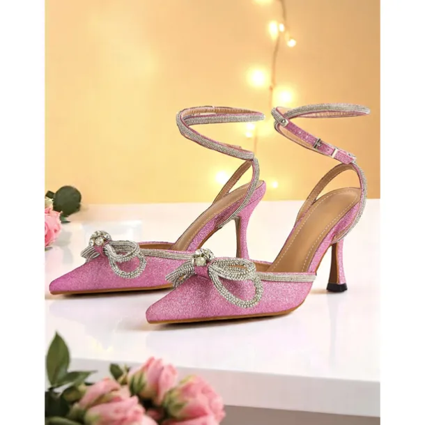 Women's Pink Glitter Ankle Strap Heels with Rhinestone Bows - Pointed Toe Dress Shoes for Cocktail Party and Evening Events