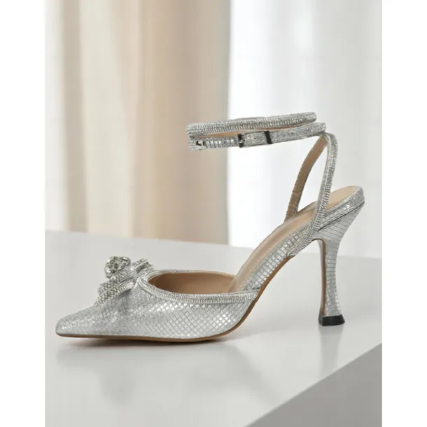 Women's Pink Glitter Ankle Strap Heels with Rhinestone Bows - Pointed Toe Dress Shoes for Cocktail Party and Evening Events