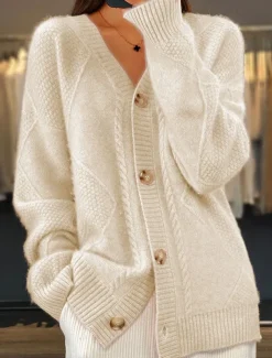 Women's Pink Long Cardigan V Neck Cable Knit Knitted Fall Winter Work Elegant Fashion Daily Long Sleeve Solid Color Pink Camel