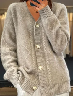 Women's Pink Long Cardigan V Neck Cable Knit Knitted Fall Winter Work Elegant Fashion Daily Long Sleeve Solid Color Pink Camel