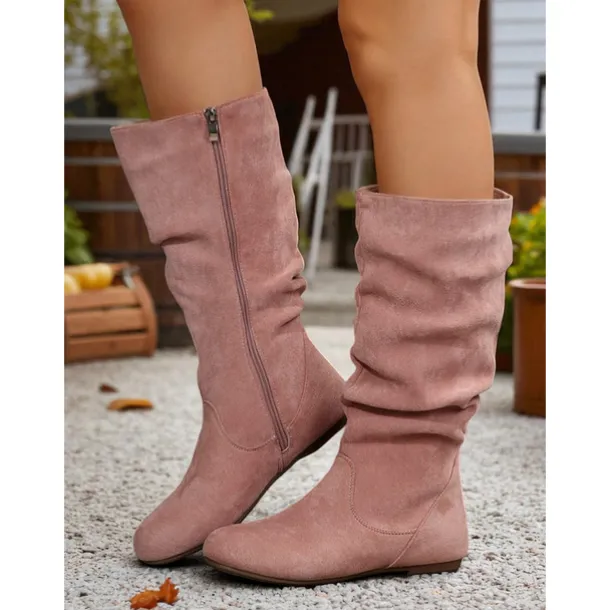 Women's Pink Mid Calf Flat Boots with Side Zipper Casual Slouch Boots for Autumn Days, Country Homes and Outdoor Errands