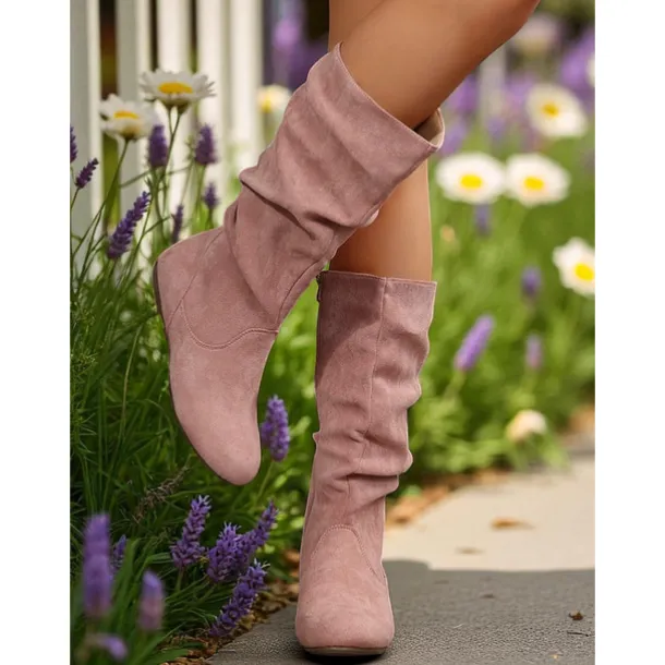 Women's Pink Mid Calf Flat Boots with Side Zipper Casual Slouch Boots for Autumn Days, Country Homes and Outdoor Errands