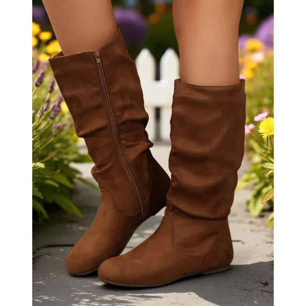 Women's Pink Mid Calf Flat Boots with Side Zipper Casual Slouch Boots for Autumn Days, Country Homes and Outdoor Errands
