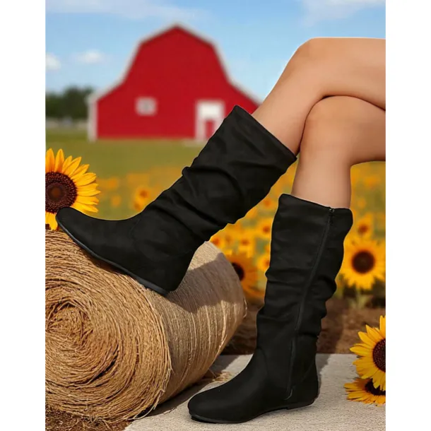Women's Pink Mid Calf Flat Boots with Side Zipper Casual Slouch Boots for Autumn Days, Country Homes and Outdoor Errands