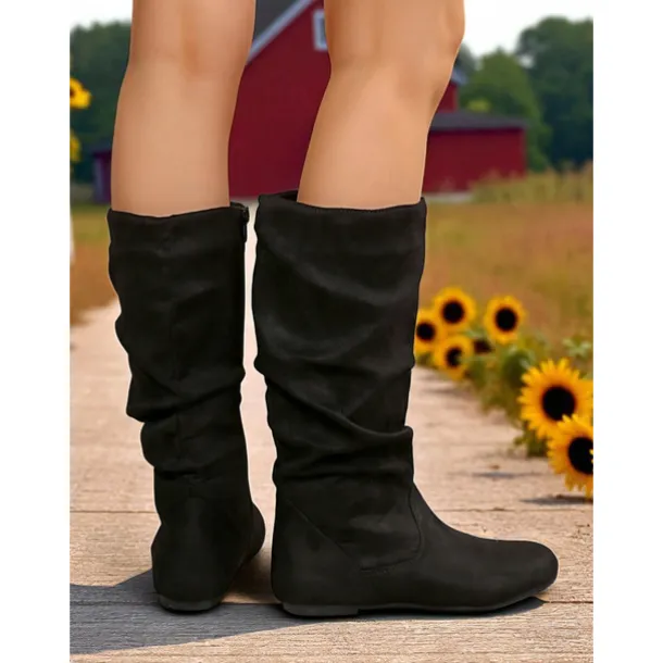 Women's Pink Mid Calf Flat Boots with Side Zipper Casual Slouch Boots for Autumn Days, Country Homes and Outdoor Errands